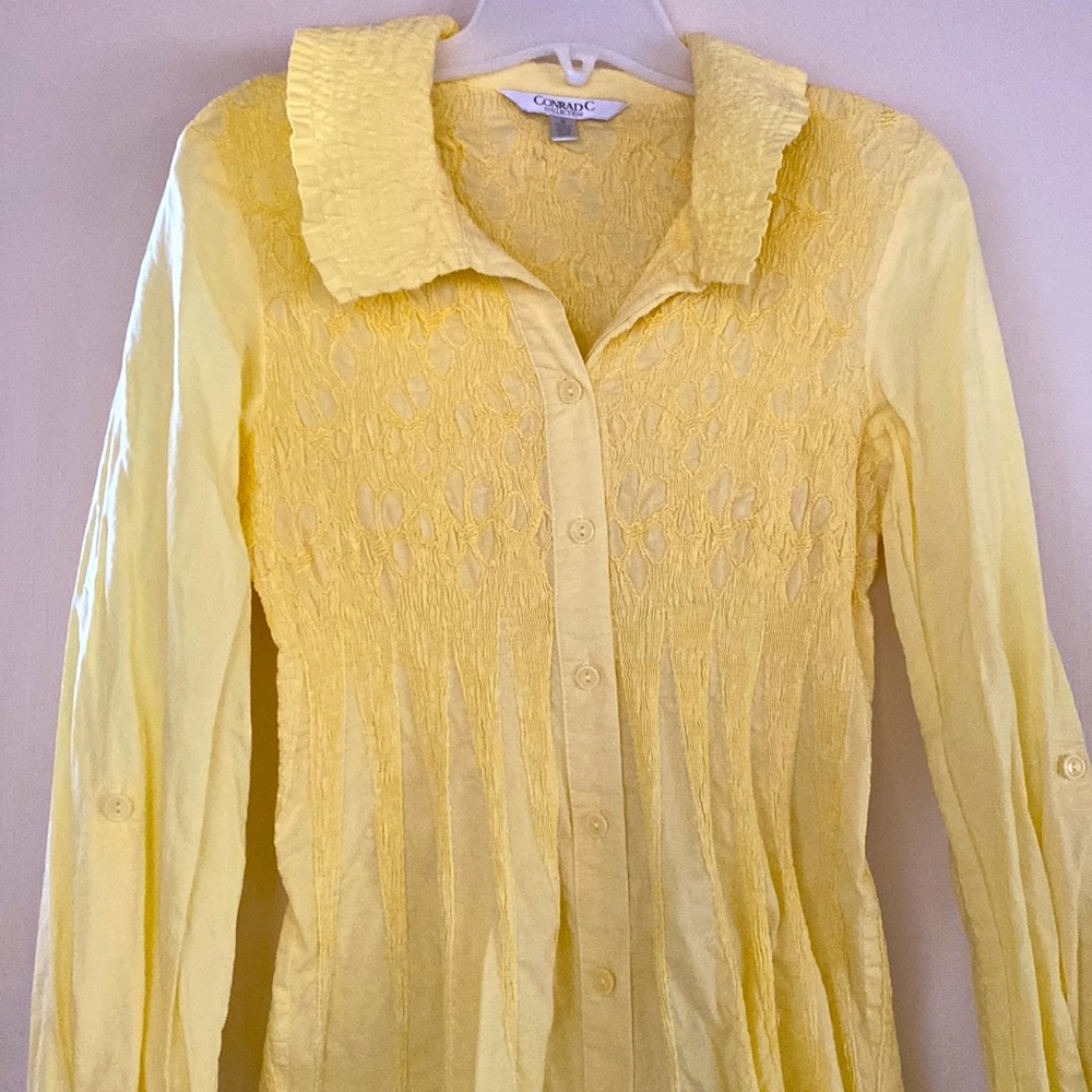 Conrad C women’s yellow embroidered long sleeve shirt.